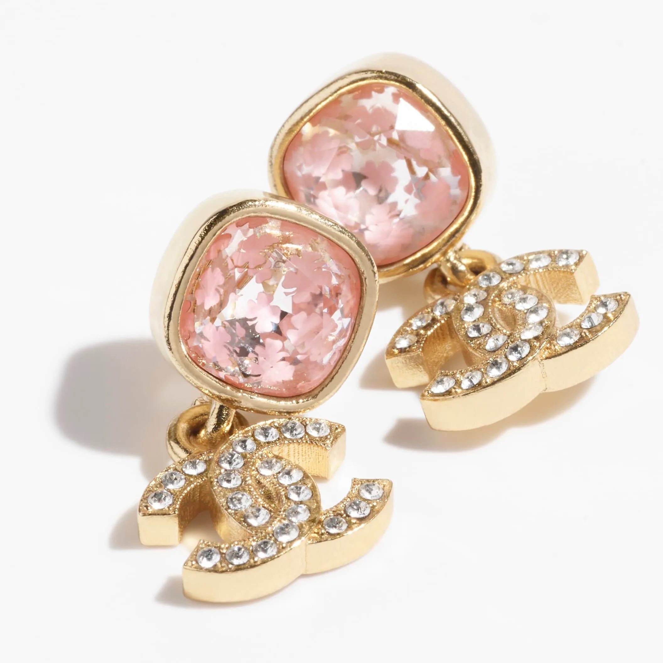 Gold Pink & Crystal pendant Fake chanel earrings