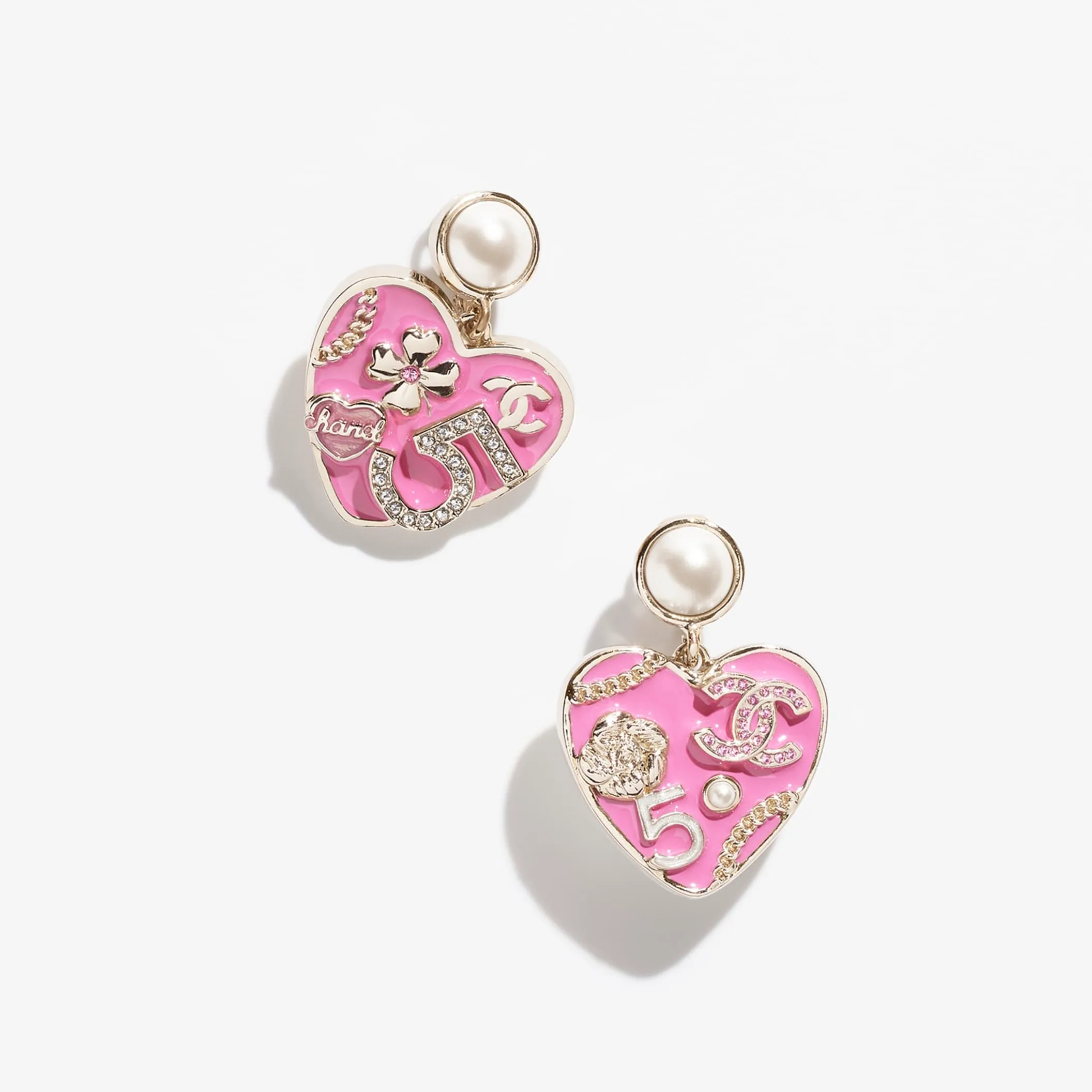Gold Pink Pearly White & Crystal pendant Fake chanel earrings