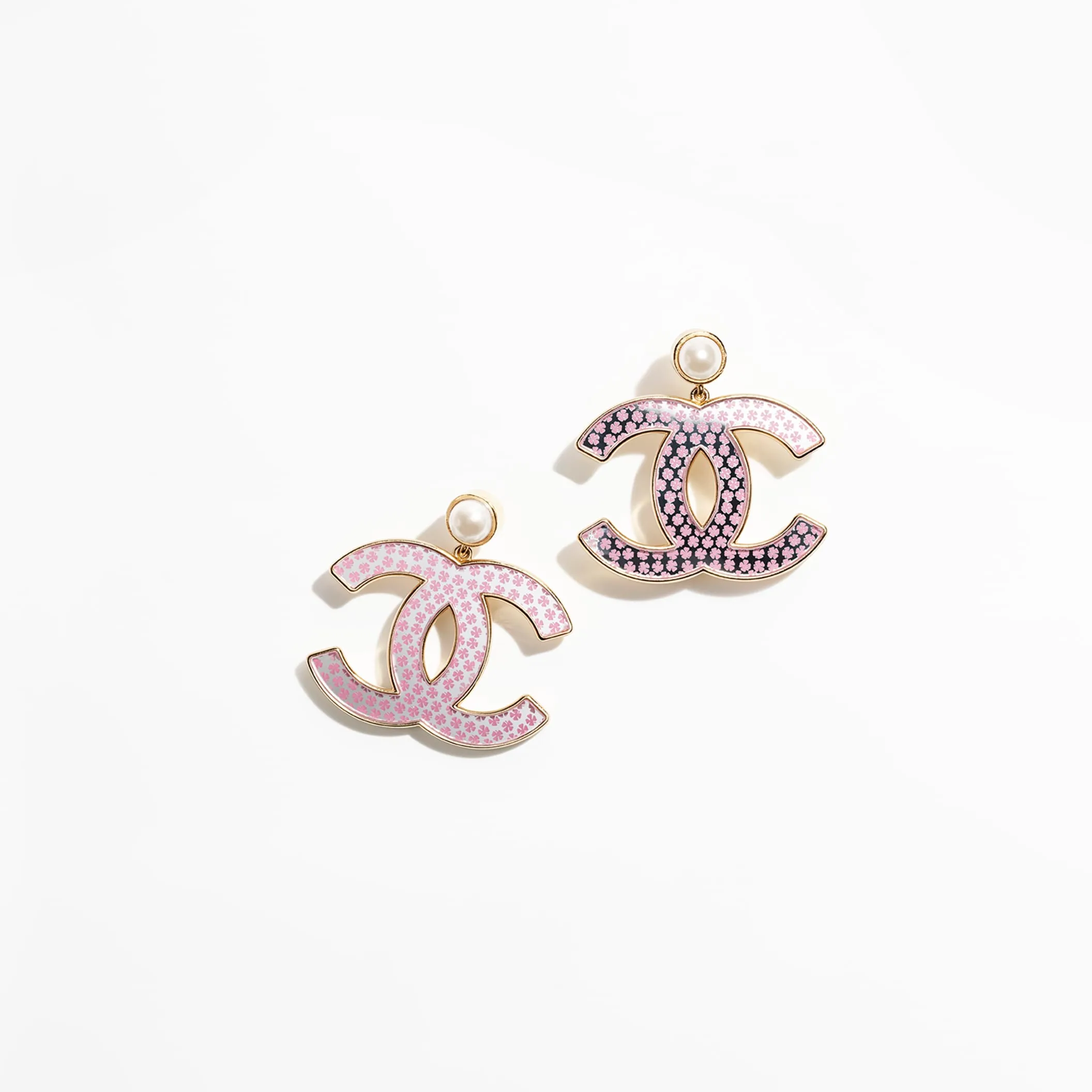 Gold Pink & Pearly White pendant Fake chanel earrings