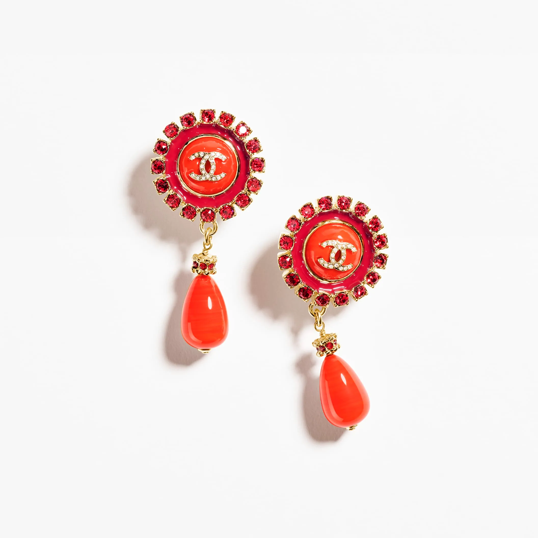Gold Red & Crystal pendant Fake chanel earrings