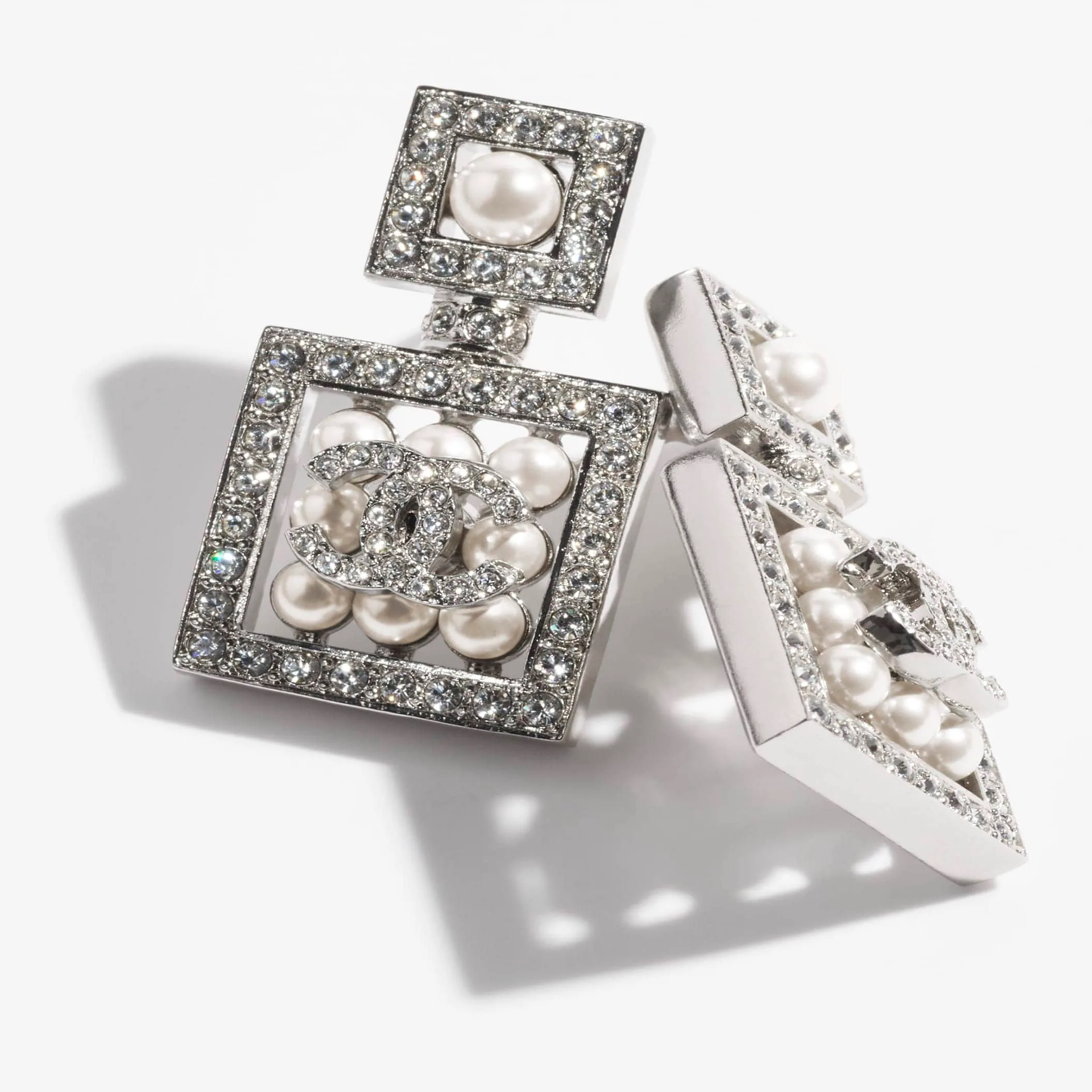 Silver Pearly White & Crystal pendant Fake chanel earrings