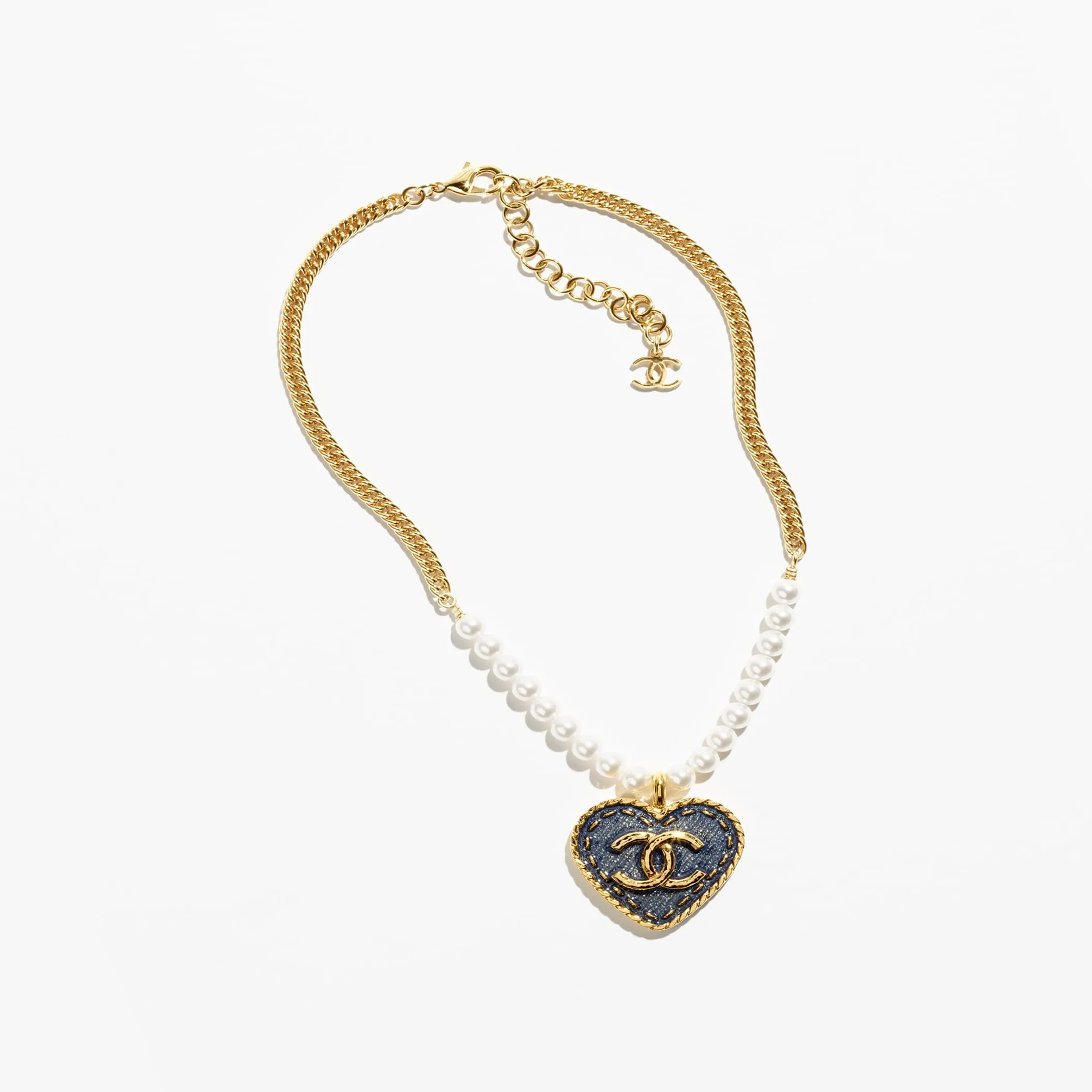 Gold Blue & Pearly White pendant fake chanel necklace
