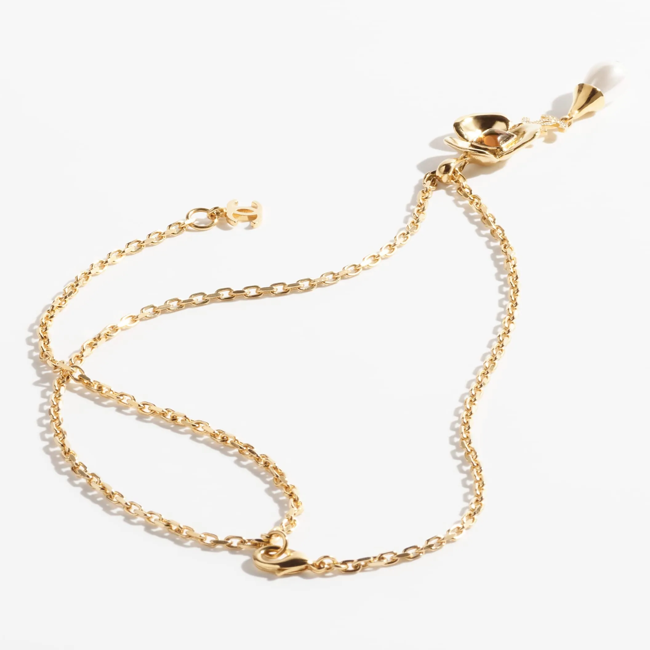 Gold Brown Pearly White & Crystal pendant fake chanel necklace