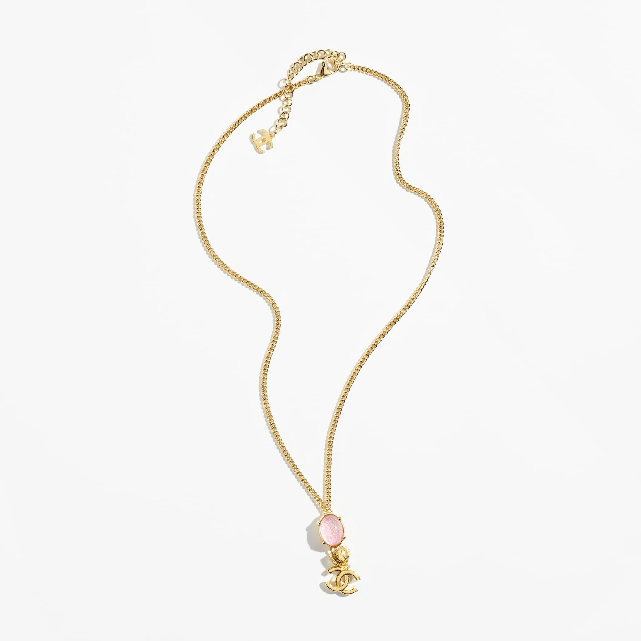 Gold Pearly Pink & Crystal pendant fake chanel necklace