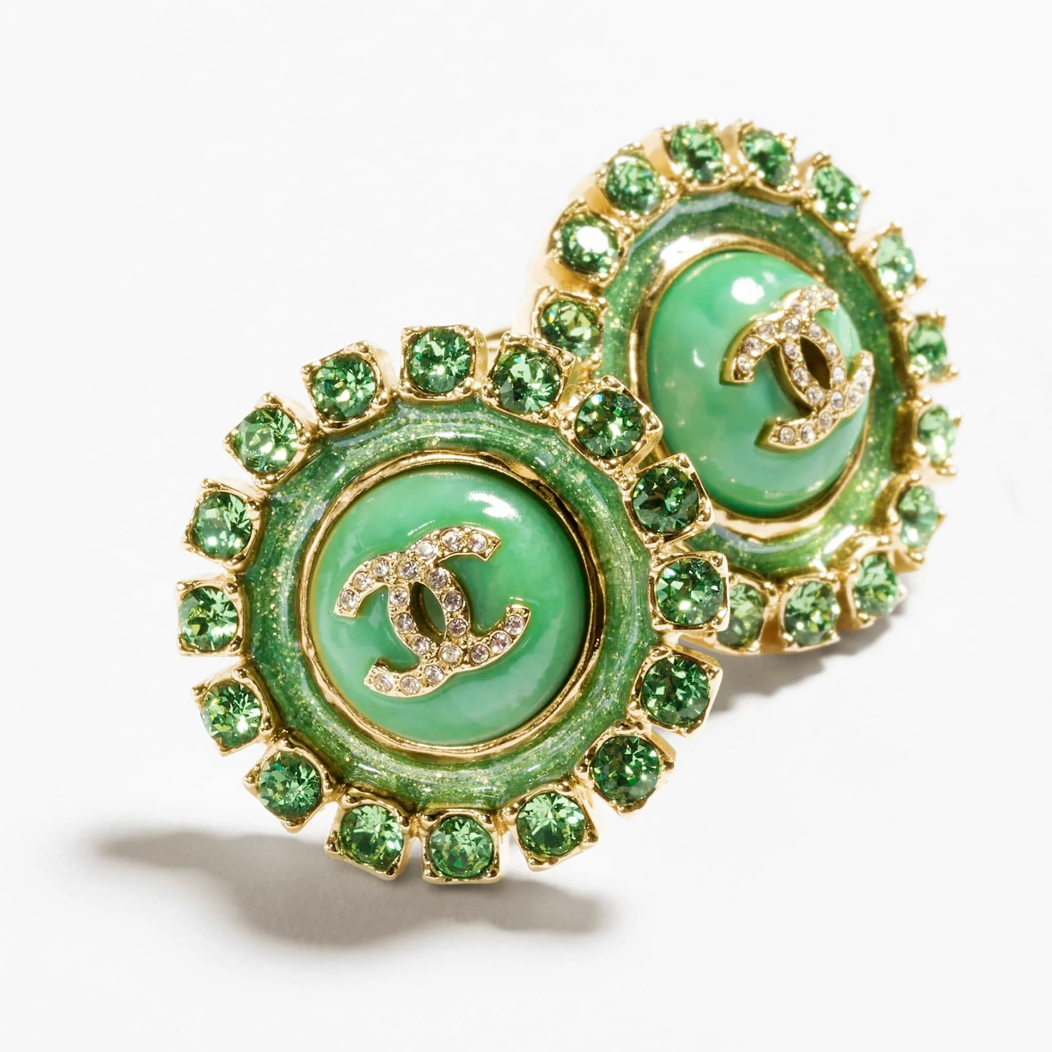 Gold Green & Crystal stud Fake chanel earrings