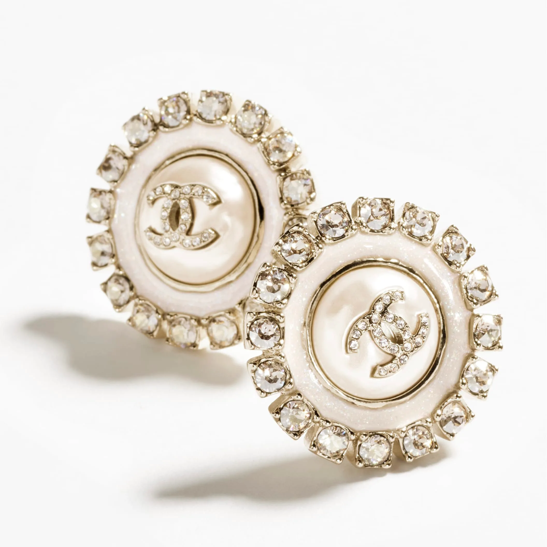 Gold Pearly White & Crystal stud Fake chanel earrings