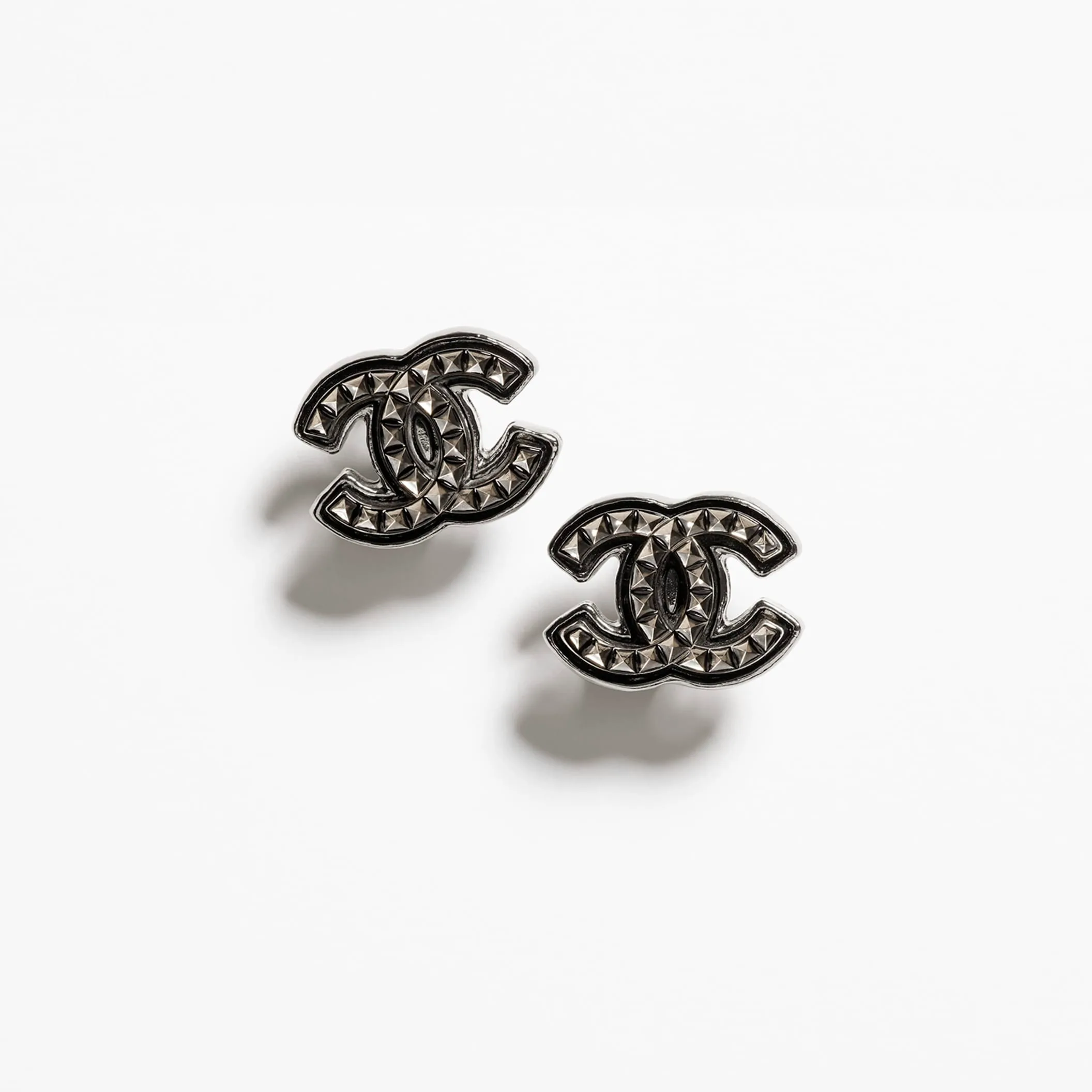 Ruthenium Silver & Black stud Fake chanel earrings