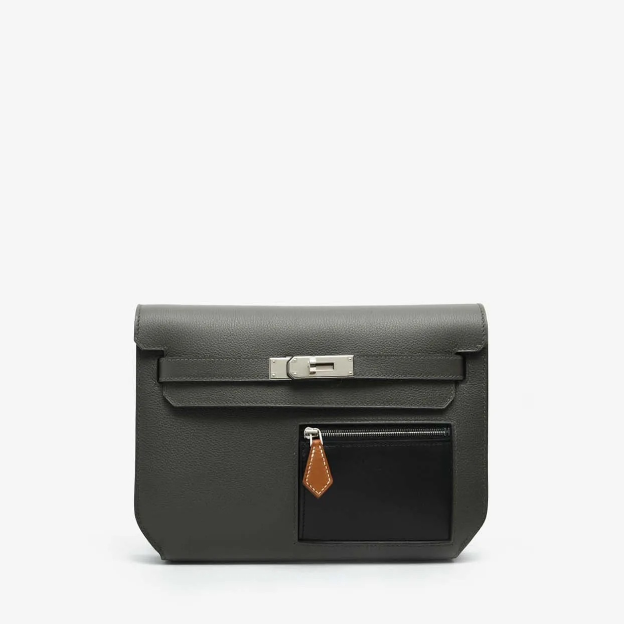 Replica Designer Bags Hermes Bag Replica Kelly Depeches 25 Colormatic Pouch In Vert De Gris Evercolor, Black Evergrain And Fauve Barenia