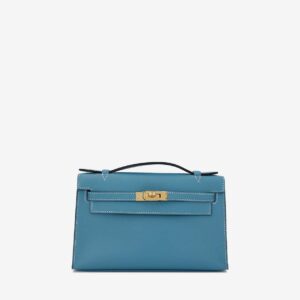 Replica Designer Bag Hermes Bag Replica Kelly Pochette Clutch Bag In Blue Jean Swift Leather With Gold Hardware