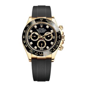 Fake Rolex Replica Watch Oyster Perpetual Daytona Yellow Gold Black Diamond Dial Ceramic Bezel Oysterflex Rubber Bracelet 116518LN