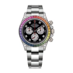 Fake Rolex Replica Watch Cosmograph Daytona 40mm Black Diamond Multi-Colored Gem Sapphire Rainbow White Gold 116599RBOW