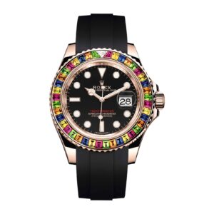 Fake Rolex Replica Watch Oyster Perpetual Yacht-master 40 Black Dial Rainbow Sapphire Gem Set Bezel Rose Gold Oysterflex Rubber Strap 116695