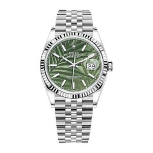 Rolex Oyster Perpetual Datejust 36mm White Gold/Steel Olive Green Palm Motif Dial Fluted Bezel Jubilee Bracelet 126234