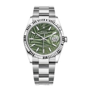 Rolex Datejust 36 White Gold/Steel Olive Green Palm Motif Dial Fluted Bezel Jubilee Bracelet 126234