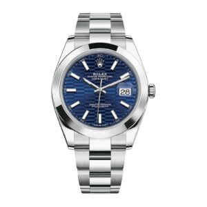 Rolex Oyster Perpetual Datejust 41 Stainless Steel Bright Blue Fluted Motif Index Dial Smooth Bezel Oyster Bracelet 126300