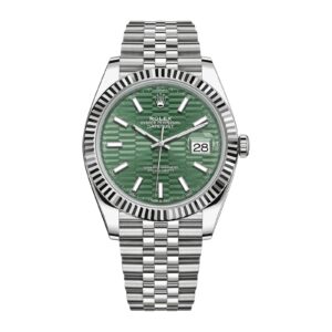 Fake Rolex Replica Watch Datejust 41 White Gold/Steel Mint Green Fluted Motif Index Dial Fluted Bezel Jubilee Bracelet 126334