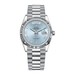 Rolex Oyster Perpetual Day-Date 36 President Platinum Ice Blue Roman Dial & Fluted Bezel 128236 QF