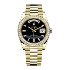 Fake Rolex Replica Watch Oyster Perpetual Day-Date 40 Yellow Gold Black Onyx Diamond Dial & Diamond Bezel President Bracelet M228348RBR-0039