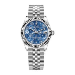 Fake Rolex Replica Watch Datejust 31 White Gold/Steel Azzurro Blue Floral Motif Diamond Dial & Fluted Bezel Jubilee Bracelet 278274
