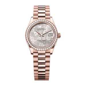 Fake Rolex Replica Watch Datejust 31 Rose Gold Silver Floral Motif Dial & Diamond Bezel President Bracelet 278285RBR