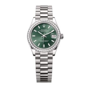 Fake Rolex Replica Watches Datejust 31 White Gold Mint Green Index Dial & Diamond Bezel President Bracelet 278289RBR