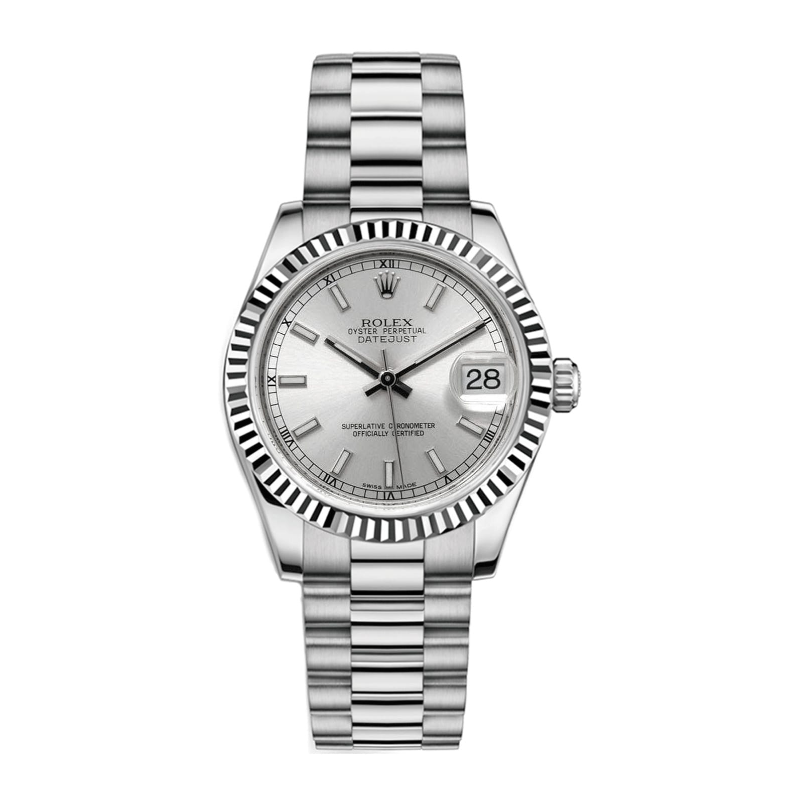 Fake Rolex Replica watches White Gold President Midsize Silver Index Dial on President Bracelet P68279BI