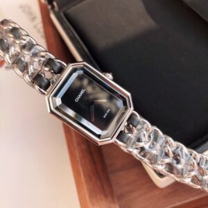 Fake Chanel Replica Watch Premiere Iconic Chain Watch Steel and black leather black dial H7022
