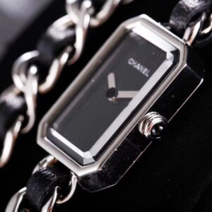 Fake Chanel Replica Watch Premiere Iconic Chain Watch Steel and black leather black dial H7023