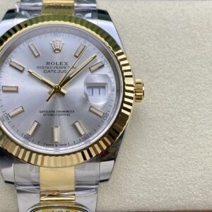 Super Clone Rolex Replica Watch Datejust 41 Yellow Gold/Steel Silver Index Dial Fluted Bezel Oyster Bracelet 126333