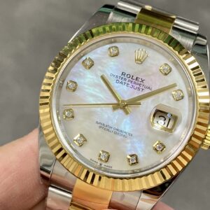 Super Clone Rolex replica Datejust 41 Yellow Gold/Steel White Mother of Pearl Diamond Dial Fluted Bezel Oyster Bracelet 126333 Clean