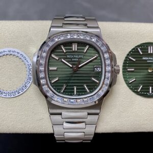 Fake Patek Philippe Replica Watch Nautilus Date Sweep Seconds Stainless Steel Diamonds Green Dial 5711/1300A-001 3KF