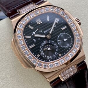 Fake Patek Philippe Replica Watch 5724R-001 Nautilus 40mm Black Baguette Diamond Bezel Moon Phase Date Rose Gold Leather Automatic GRF