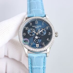 Fake Patek Philippe Replica Watch Complications Ladies Annual Calendar Moon Phases White Gold Blue Dial 4947G-001