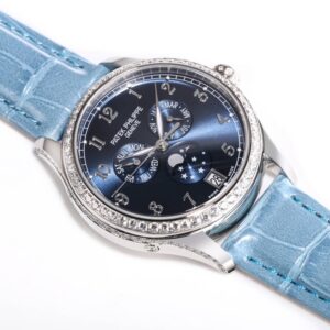 Fake Patek Philippe Replica Watch Complications Ladies Annual Calendar Moon Phases White Gold Blue Dial 4947G-001