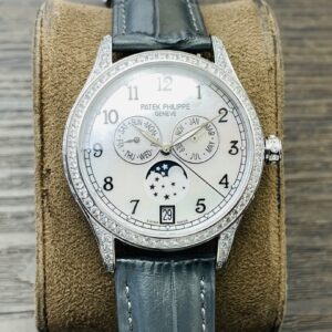 Fake Diamond Watch Patek Philippe Replica Complications Annual Calendar Moon Phases White Gold White Mother of Pearl Dial 38mm Diamond Bezel 4948G-010