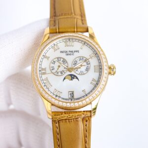 Fake diamond Watch Patek Philippe Replica 4936J-001 Complications Ladies Annual Calendar Moon Phase 37mm White Mother of Pearl Roman Diamond Bezel Yellow Gold Leather Date