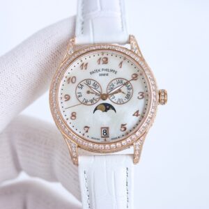Fake Diamond Watch Patek Philippe Replica 4937R-001 Complications Ladies Annual Calendar Moon Phase 37mm White Mother of Pearl Arabic Rose Gold Diamond Set Leather Date