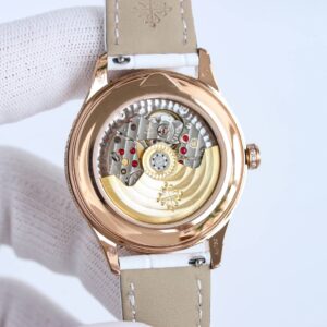 Fake Diamond Watch Patek Philippe Replica 4937R-001 Complications Ladies Annual Calendar Moon Phase 37mm White Mother of Pearl Arabic Rose Gold Diamond Set Leather Date