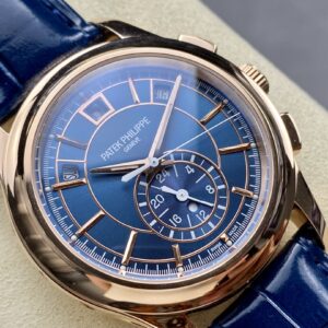 Fake Patek Philippe Replica Watch Complications Flyback Chronograph Annual Calendar Rose Gold Blue Dial 5905R-010 TWF