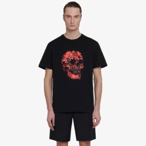 Alexander McQueen Men's Wax Flower Skull T-shirt in Black/red