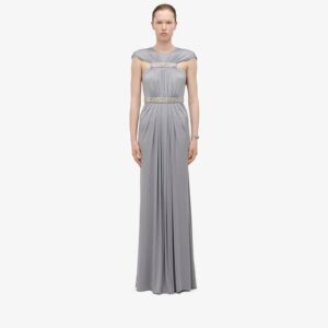 Alexander McQueen Women's Gathered Cape Evening Dress in Silver Grey