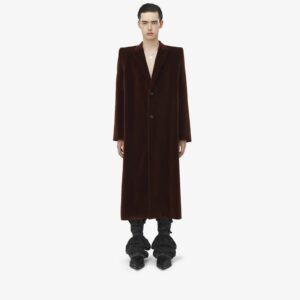 Alexander McQueen Men's Stacked Shoulder Velvet Coat in Rust