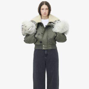 Alexander McQueen Women's Shearling Collar Bomber Jacket in Khaki