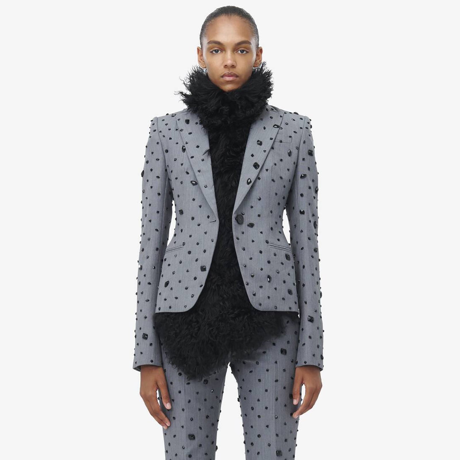 Alexander McQueen Women's Shattered Jet Stone Embroidered Single Cbreasted Jacket in Grey Melange