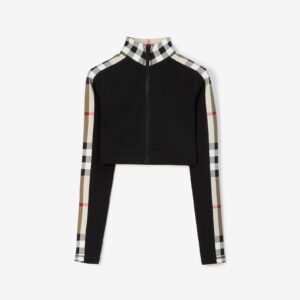 Burberry Cropped Check Trim Stretch Jersey Zip Top