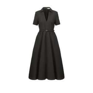 Dior Mid Length Belted Dress Black Matte Cloque Technical Fabric