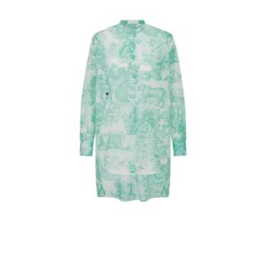 Dioriviera Long Blouse White and Aquamarina Cotton Muslin with Toile de Jouy Sauvage Motif