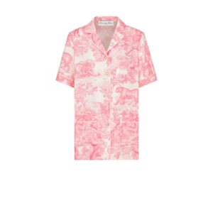 Dioriviera Dior Chez Moi Short Sleeved Shirt White and Candy Pink Silk Twill with Toile de Jouy Sauvage Motif