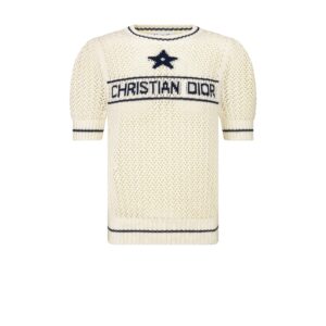 Dior Short Sleeved Sweater White and Navy Blue Openwork Cotton Knit
