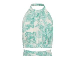 Dioriviera Backless Cropped Top White and Aquamarina Cotton and Silk Poplin with Toile de Jouy Sauvage Motif